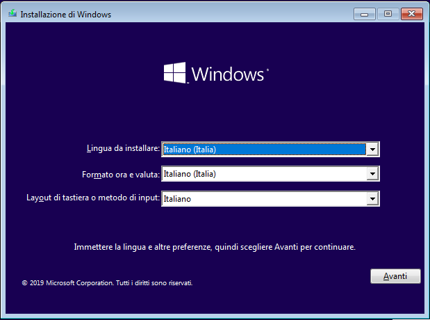Preferenze di installazione Windows 