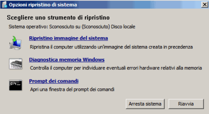 Opzioni di ripristino Windows server