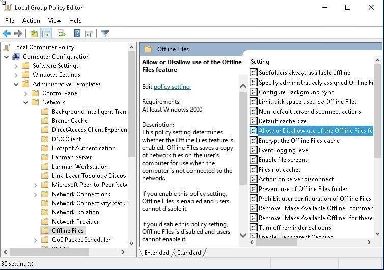 Enable Offline Files Windows 10
