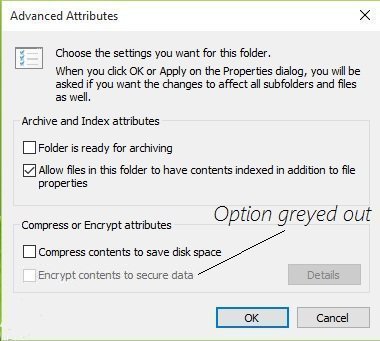 windows 10 encrypt contents to secure data greyed out