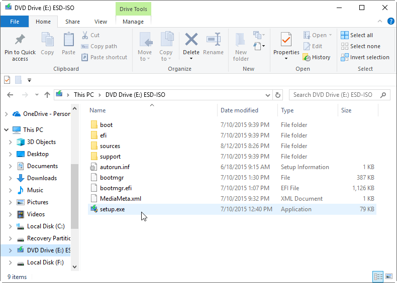 Ejecute el archivo ISO de Windows 10
