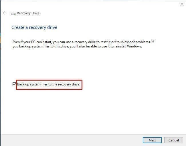 Back up System Files to the Recovery Drive