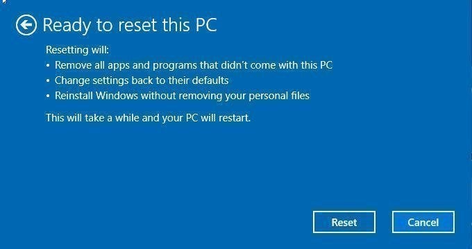 factory reset for pc