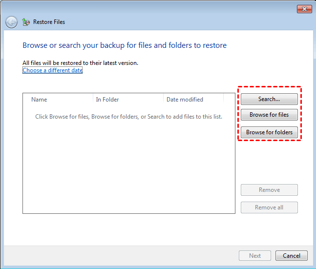 finding files when it to windows 7 backup