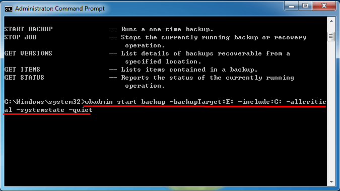 wbadmin backup Windows 7 command line